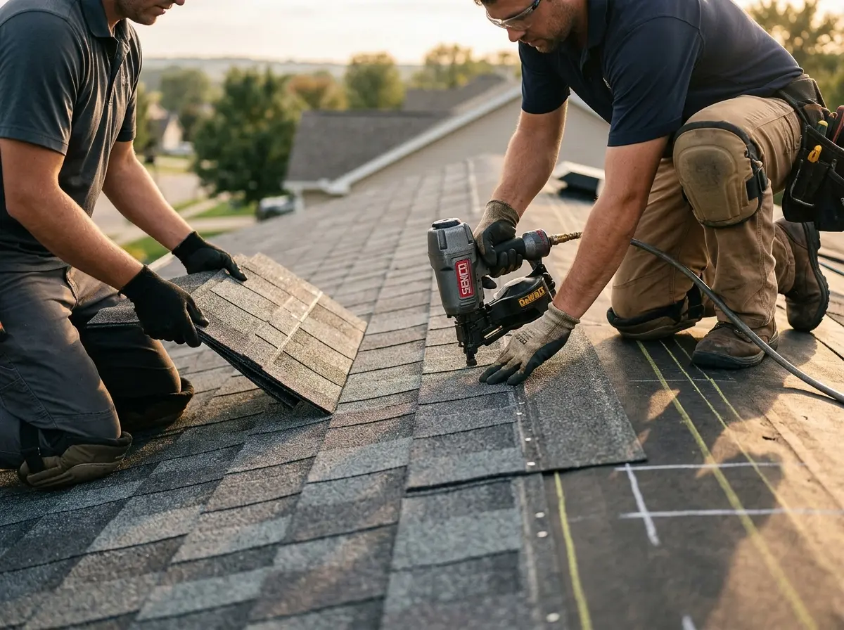 Professional roofer working on a residential roof in Loudoun Valley Estates